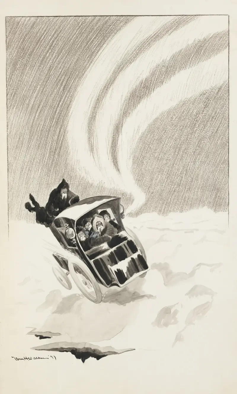 En grupp män kör bil genom snön med norrsken i bakgrunden av William Henry Walker