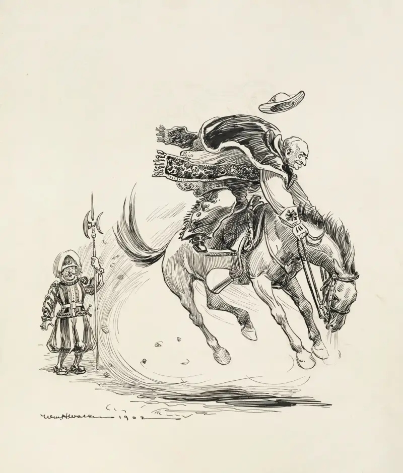 A guard watches surprised as a religious leader, possibly the pope, rides a bucking horse and wears fancy cowboy gear. av William Henry Walker