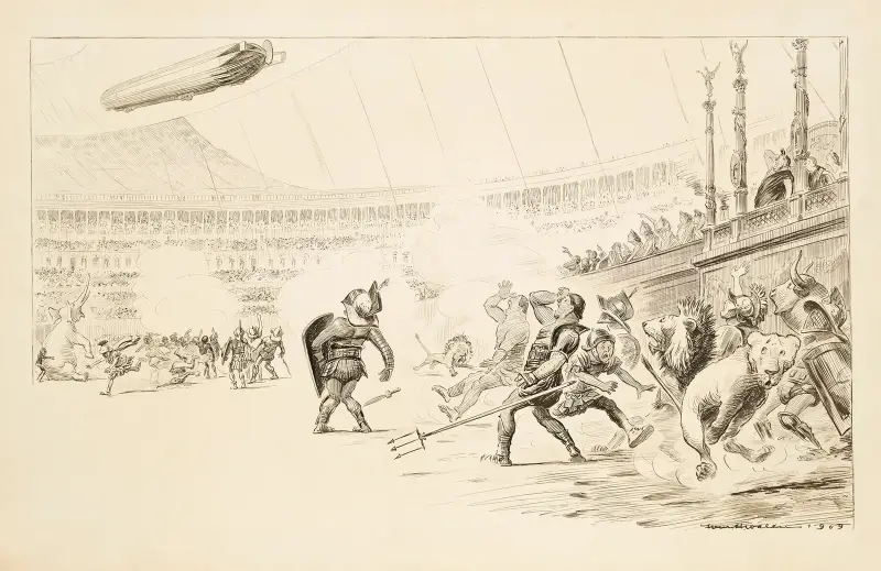 Wielka walka gladiatorów, z udziałem mężczyzn w zbrojach, lwów i słonia, na zatłoczonym stadionie, William Henry Walker