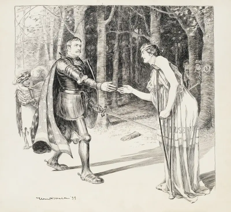 Ein Ritter rettet eine verwundete Frau, die den Staatsdienst repräsentiert. Ihre mutmaßlichen Angreifer lauern im Hintergrund. von William Henry Walker