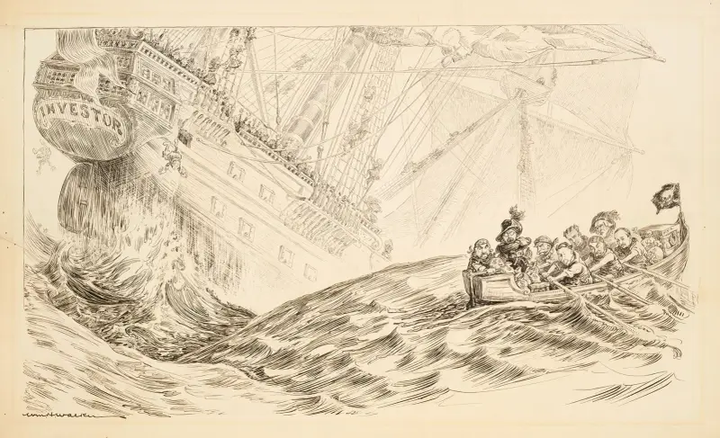 Wielki żaglowiec symbolizujący inwestorów tonie, podczas gdy mała grupa piratów odpływa z ich pieniędzmi, 1907, William Henry Walker