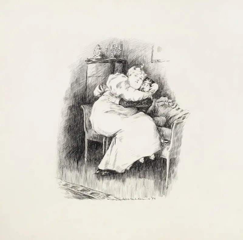 A large woman in white sits on the lap of a smaller man in black who is seated on the edge of a bed. av William Henry Walker