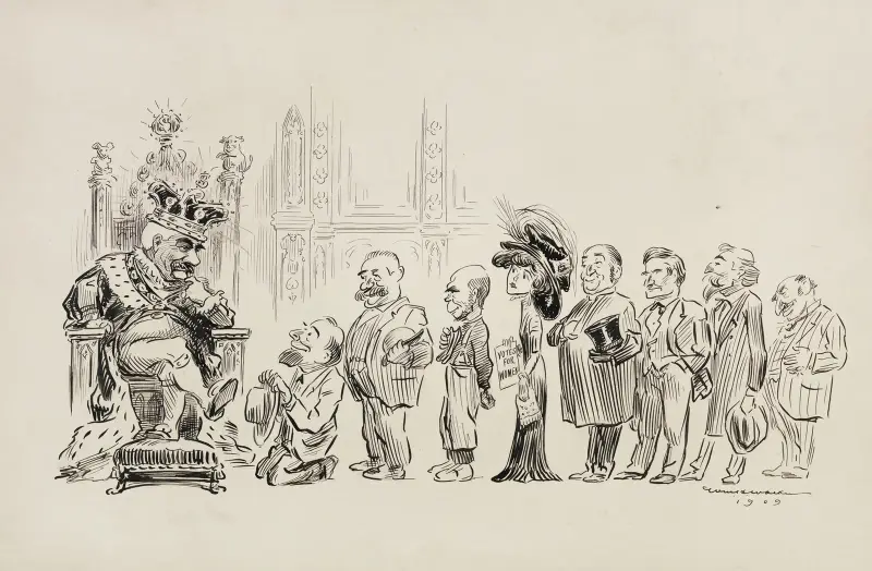 A line of men in suits and a woman with a paper reading ‘votes for women’ wait for an audience with a man dressed like a king av William Henry Walker