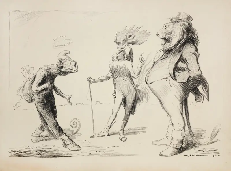 Ett lejon (England) och en tupp (Frankrike) konfronterar en kameleont som representerar den tyska republiken av William Henry Walker