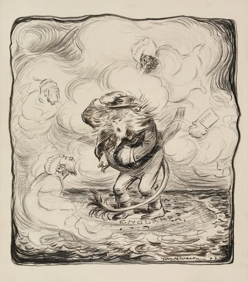 A lion (England) caught in a storm created by figures representing Palestine, Turkey, India, and Egypt. av William Henry Walker