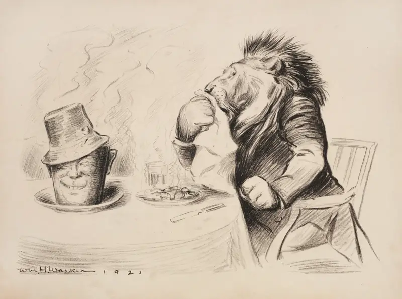 Ein Löwe (Großbritannien) isst ein gutes Abendessen. Die Kaffeetasse auf dem Tisch hat ein Gesicht. von William Henry Walker