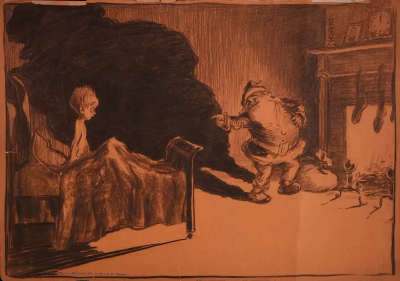 En liten pojke vaknar förvånad och finner jultomten i sitt rum av William Henry Walker