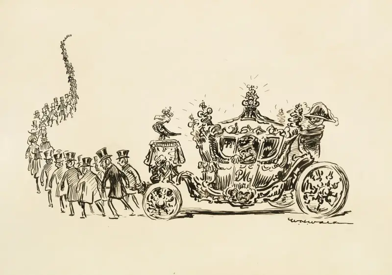 A long line of men in suits and top hats pull an ornate carriage (in the place of the horses) av William Henry Walker