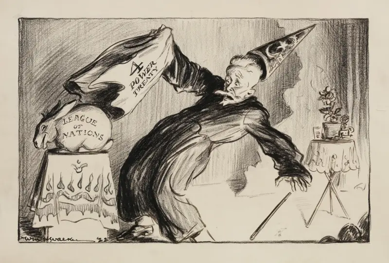 A magician pulls away a cloth representing the 4 Power Treaty and reveals a rabbit representing the League of Nations av William Henry Walker