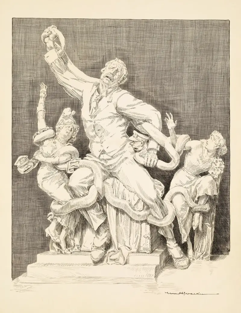Ein Mann und zwei Frauen werden von Schlangen mit Menschenköpfen angegriffen von William Henry Walker