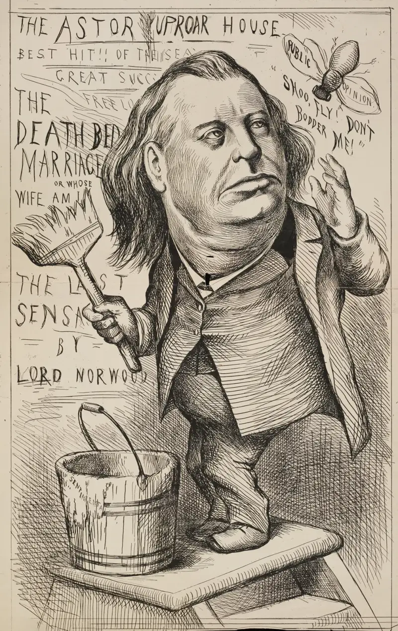 A man, Astor, puts up fliers for his ‘Uproar House,’ shooing away a fly representing public opinion. av William Henry Walker