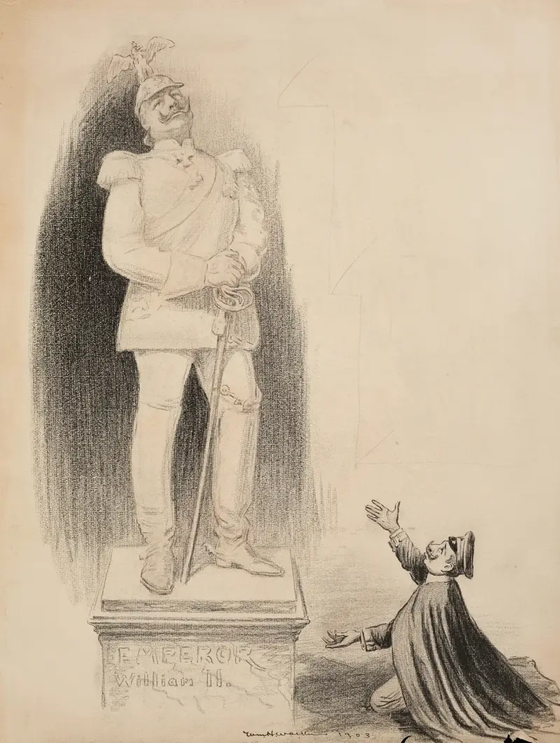 En man böjer sig för en staty av kejsar Wilhelm II av Tyskland och Preussen av William Henry Walker