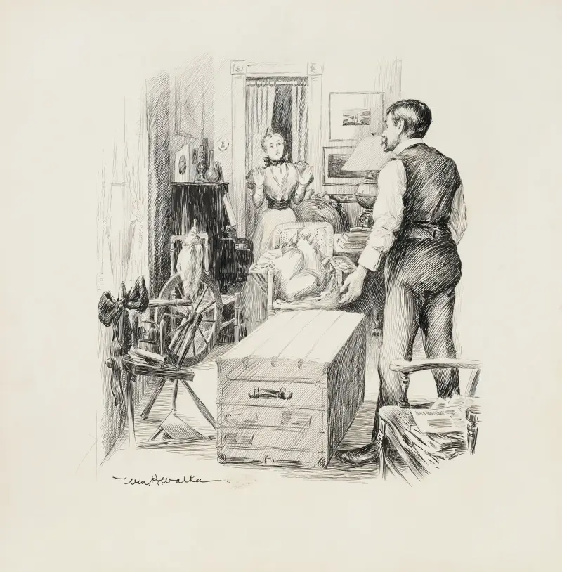 A man confronts a woman standing at a piano in a room with crowded with furniture, including a spinning wheel. av William Henry Walker