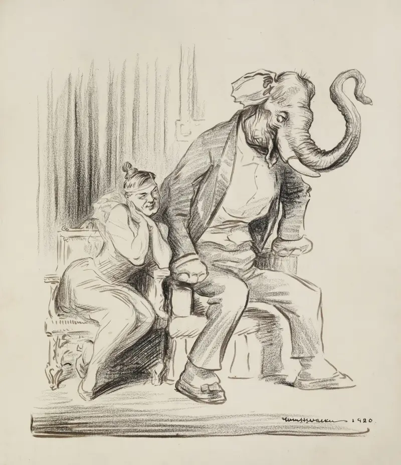A man, depicted as a woman, tries to flirt with the Republican Party elephant, but the elephant moves away av William Henry Walker