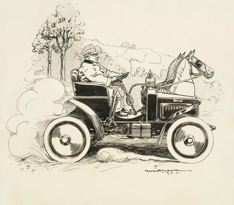 En man kör en bil med två hästhuvuden på fronten för att få den att likna en vagn av William Henry Walker