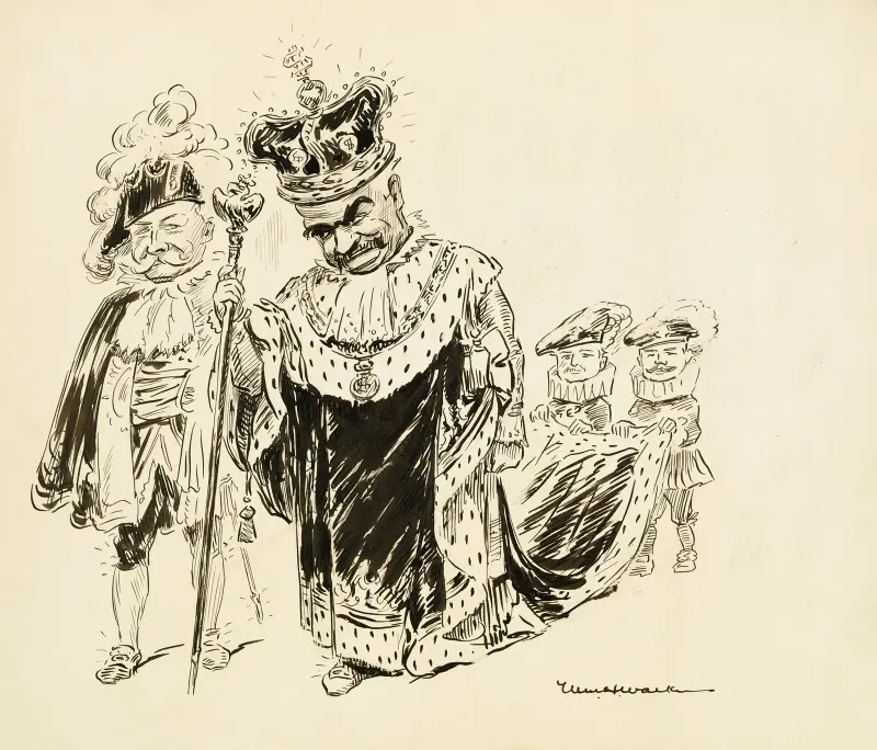 A man in a crown and robes, both decorated with dollar signs, and a scepter with the American eagle on top av William Henry Walker