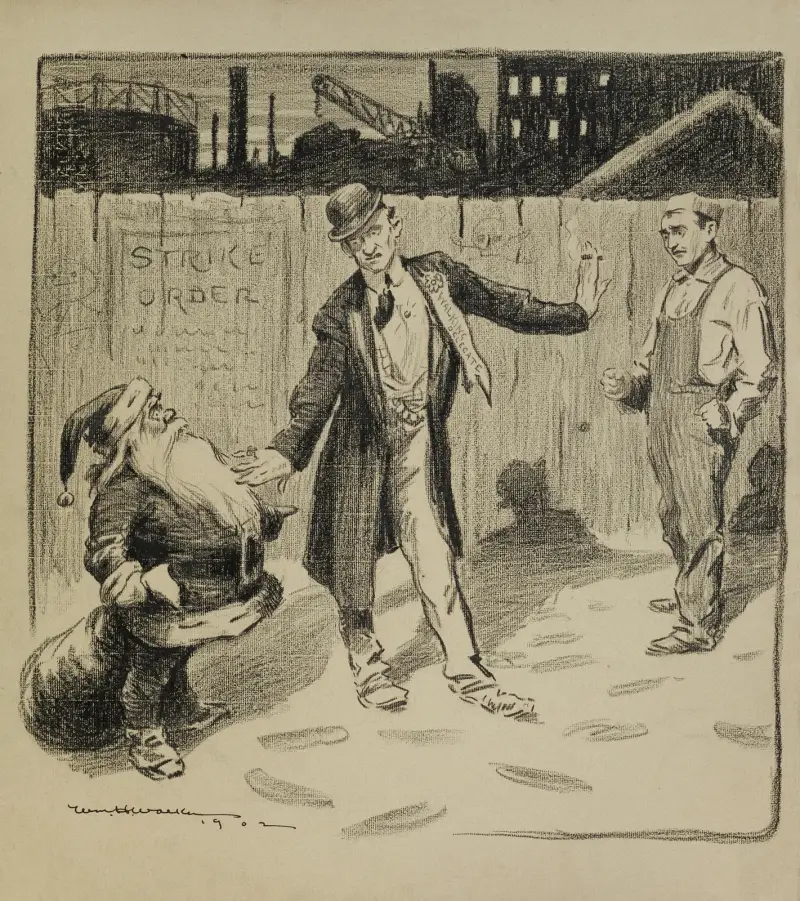 A man in a suit (a walking delegate) keeps Santa Claus from approaching a striking worker outside of a factory. av William Henry Walker