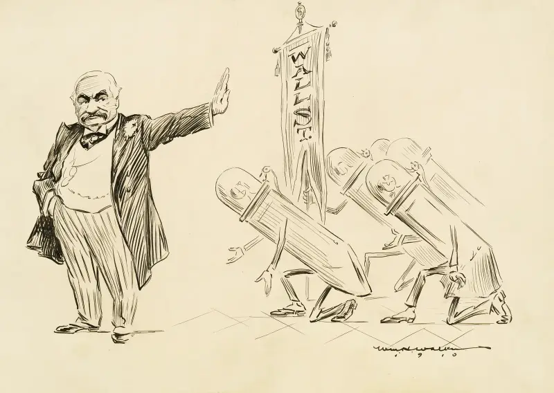 Mężczyzna w garniturze odrzuca kilka kłaniających się postaci symbolizujących Wall Street, William Henry Walker