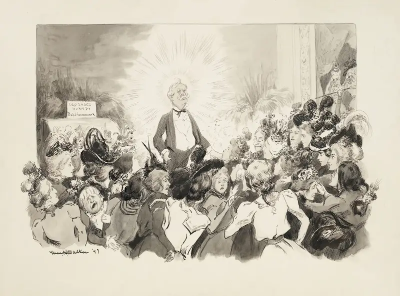 A man in a suit with a halo causes a group of ladies to either admire him or argue with each other av William Henry Walker