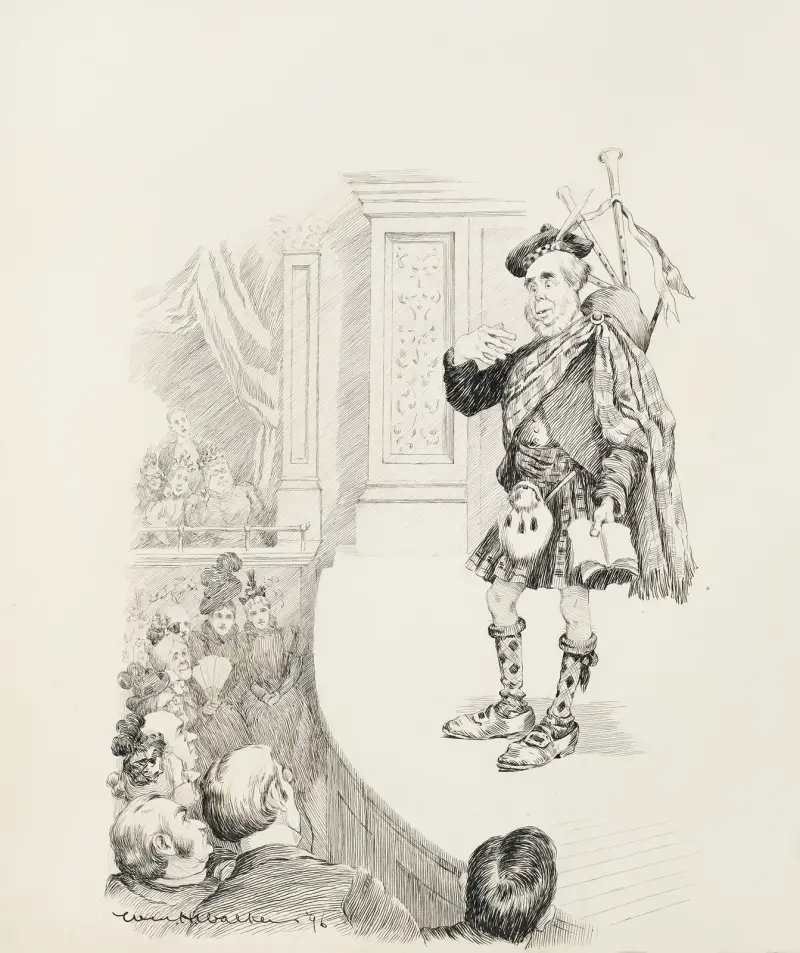 Ein Mann in voller schottischer Tracht mit Dudelsack und einem Buch tritt auf der Bühne auf von William Henry Walker