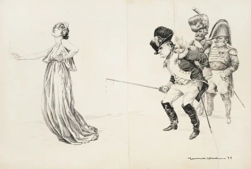 A man in military uniform, cheered on by two others, stabs a woman representing the Civil Service with his sword. av William Henry Walker