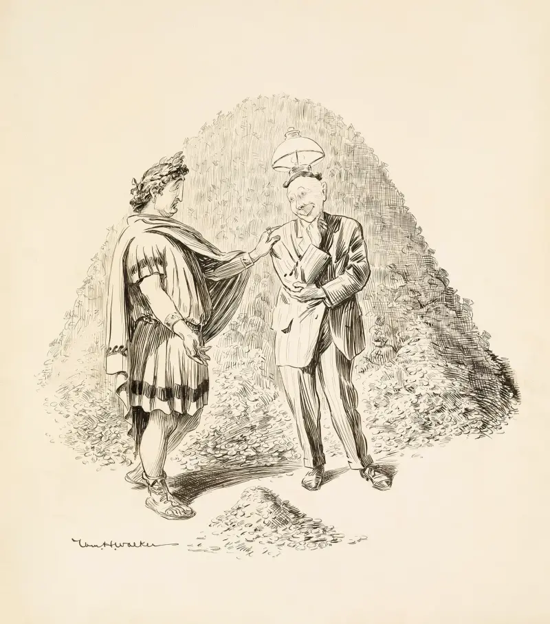 A man in Roman robes and a man in a suit with a lamp on his head stand before a mountain of coins. av William Henry Walker