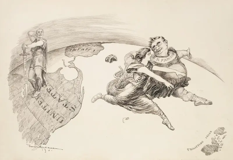 Ein Mann in den USA, mit einem Schwert als Symbol der Monroe-Doktrin, kehrt Südamerika den Rücken zu von William Henry Walker