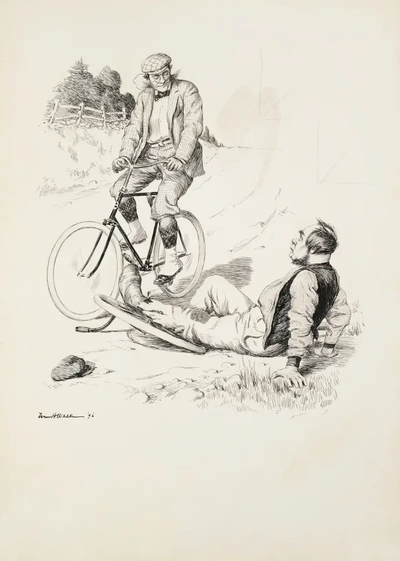 En man på cykel ser ner på en man som fallit av sin enhjuling av William Henry Walker