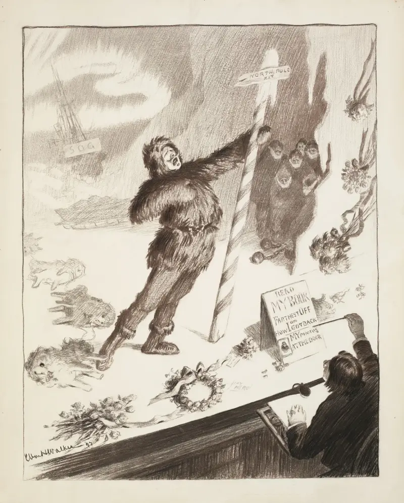 En man på scen berättar om sin resa till Nordpolen. Folk har kastat kransar på scenen. av William Henry Walker