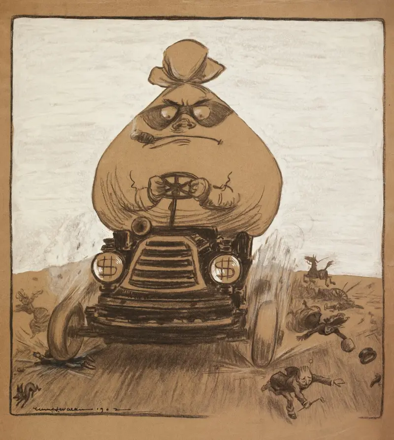 Ein als großer Geldsack mit Räubermaske dargestellter Mann überfährt mit seinem Auto kleine Menschen von William Henry Walker