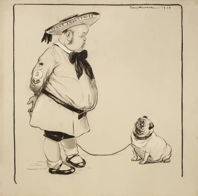 Ein Mann als Sinnbild der jungen Industrien mit seinem Bulldoggen als Sinnbild der Wall Street von William Henry Walker