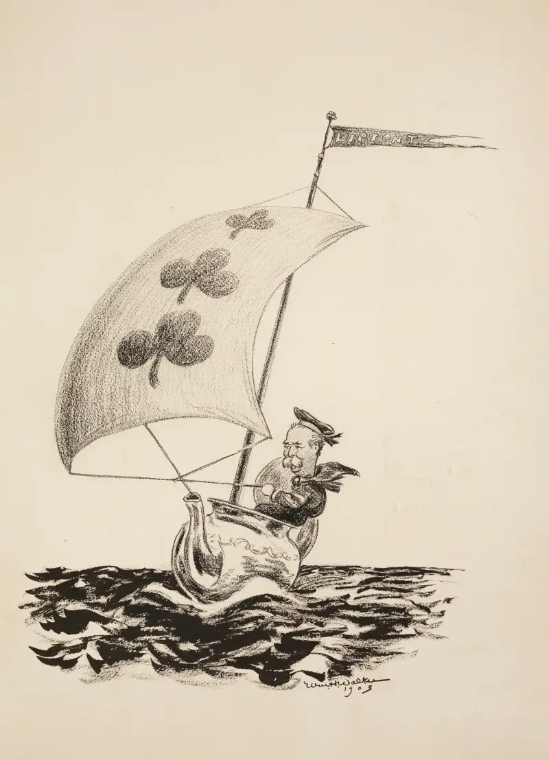 Ein Mann segelt in einem Boot aus einer Teekanne mit einem Kreuz-Drei-Segel und einer Lipton-T-Flagge an der Spitze von William Henry Walker