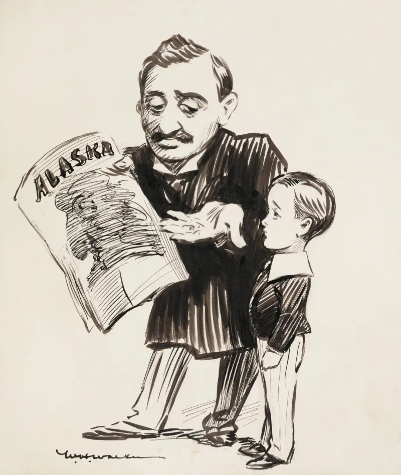 Ein Mann zeigt einem Jungen eine Zeitung über Alaska von William Henry Walker