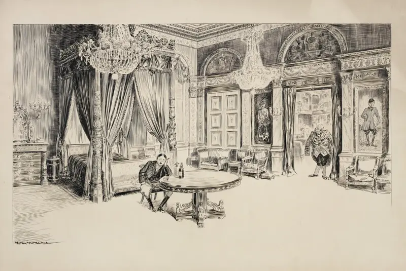 Ein Mann sitzt allein an einem großen Tisch in einem Schlafzimmer und isst von William Henry Walker