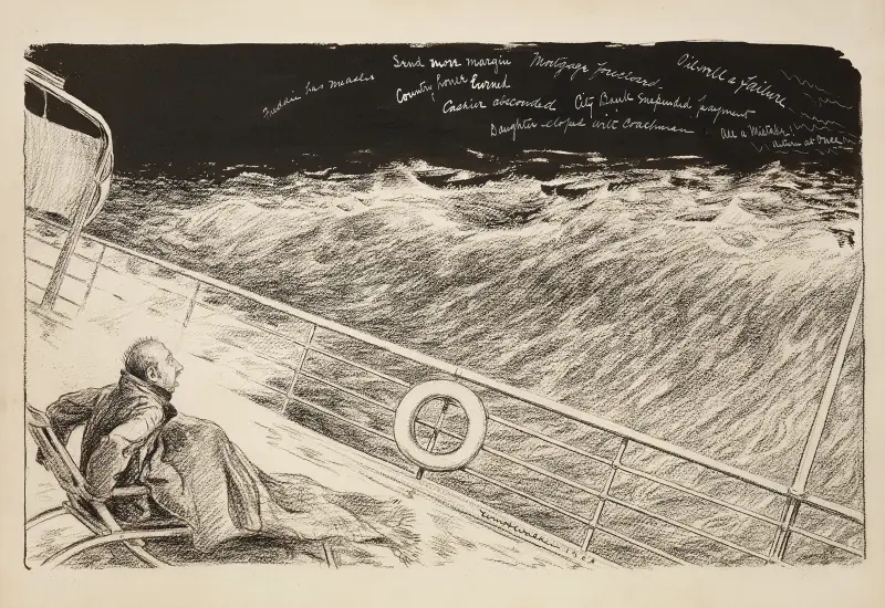 A man sleeping on the deck of a boat wakes up to see negative messages written in the night sky av William Henry Walker