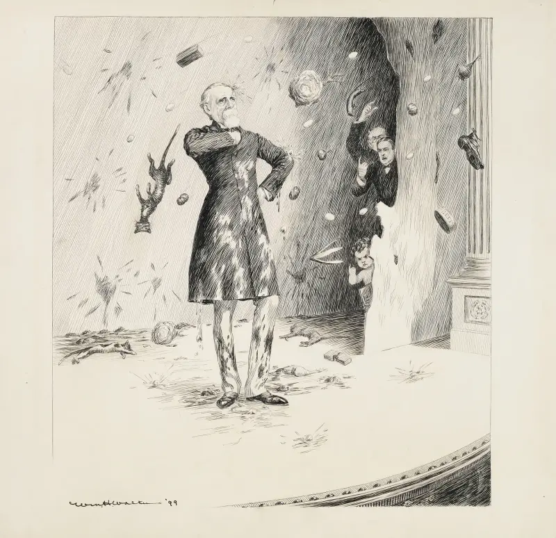 Ein Mann steht stolz auf der Bühne, während das Publikum Eier, Katzen und Essen nach ihm wirft, 1899 von William Henry Walker