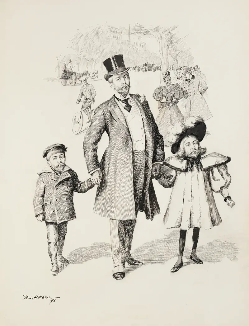 Ein Mann geht mit seinem kleinen Sohn und seiner kleinen Tochter durch einen überfüllten Park, doch beide Kinder haben dasselbe Gesicht wie er von William Henry Walker