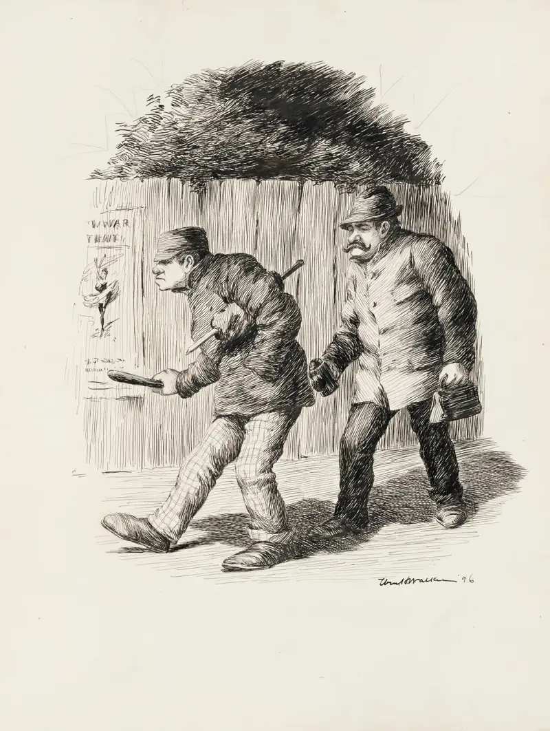 Ein Mann mit Tasche und Thermoskanne folgt einem Mann mit Knüppel und Messer im Dunkeln, entlang eines Zauns mit einem Ballettplakat von William Henry Walker
