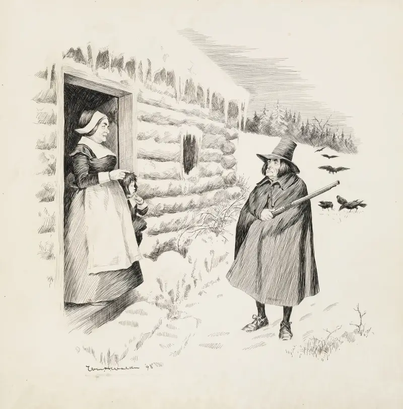 Ein Mann mit Gewehr steht im Schnee und spricht mit einer Frau und einem Kind in der Tür einer Blockhütte von William Henry Walker