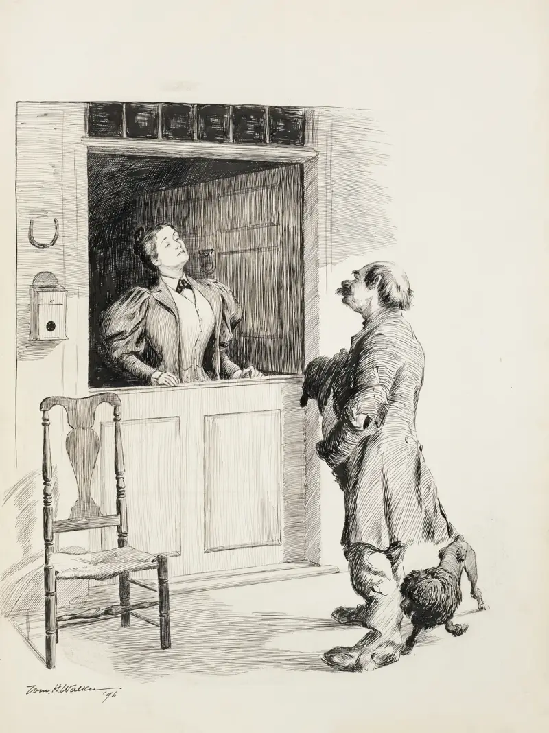 A man with ragged clothes and two dogs talks to a woman behind a counter. av William Henry Walker