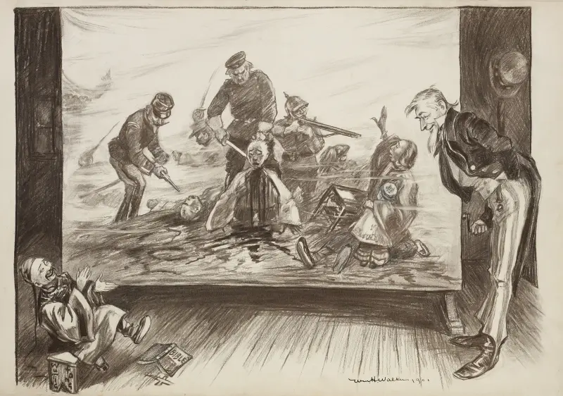 Ein Mann, Wu Ting Fan, lacht und erfreut sich an einem Bild des Massakers der US-Armee an den amerikanischen Ureinwohnern von William Henry Walker