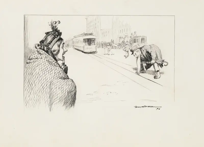 A man’s beard is stuck in the tracks of a trolley. av William Henry Walker