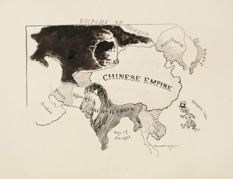 Karte des asiatischen Kontinents mit verschiedenen Imperien, dargestellt durch Tiere von William Henry Walker