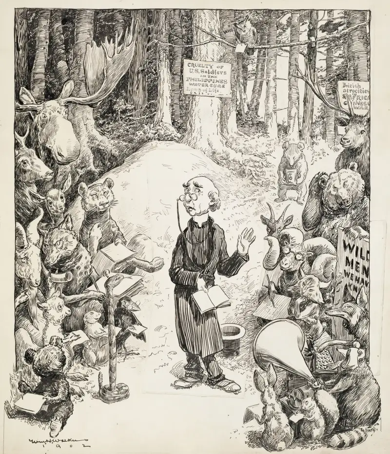 Minister głosi kazanie w lesie do gromady zwierząt, z których większość robi notatki, William Henry Walker