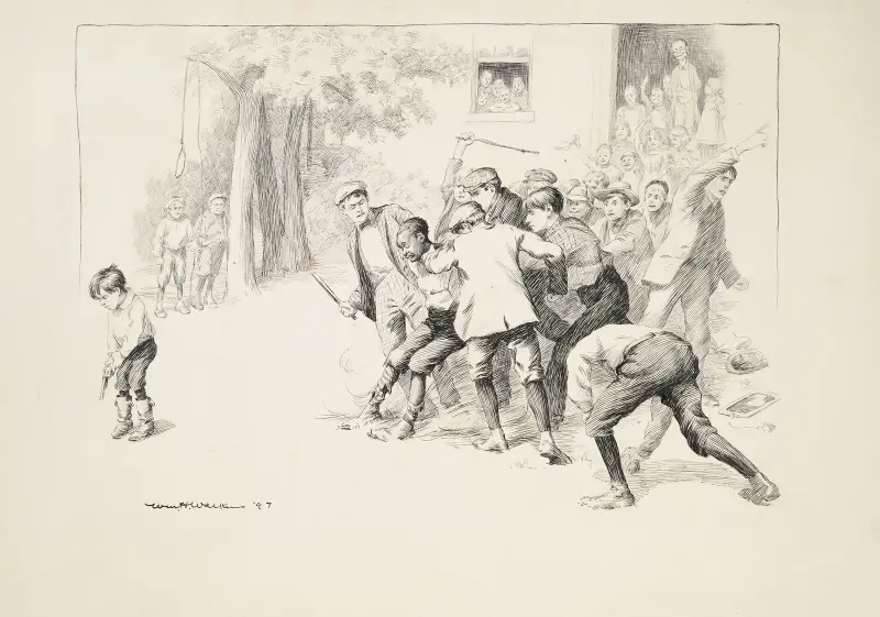 Ein Mob Schulkinder überfällt einen schwarzen Jungen auf ihrem Schulhof und bereitet sich darauf vor, ihn zu lynchen, während ihr Lehrer im Hintergrund zusieht von William Henry Walker