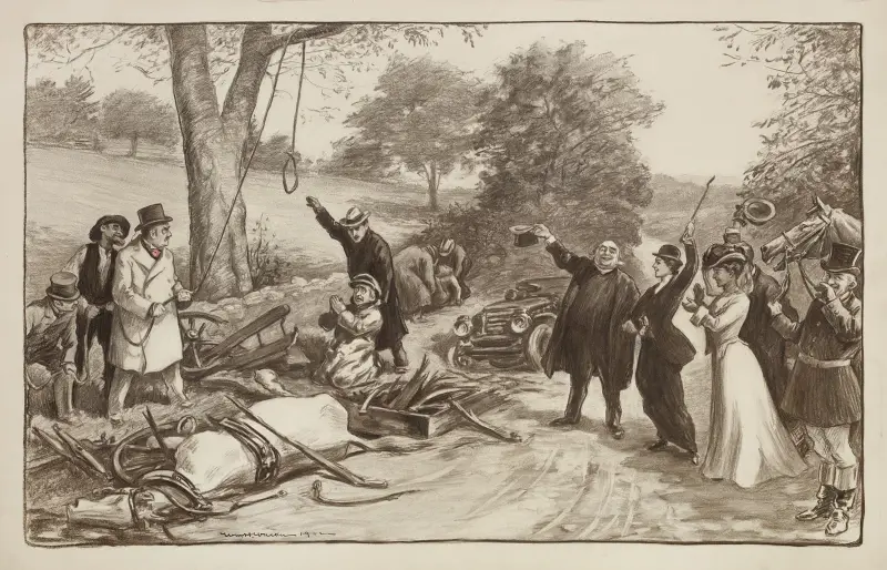Ein Autofahrer fleht um sein Leben, während eine Menge nach einem Unfall mit Pferd und Wagen eine Lynchjustiz vorbereitet von William Henry Walker