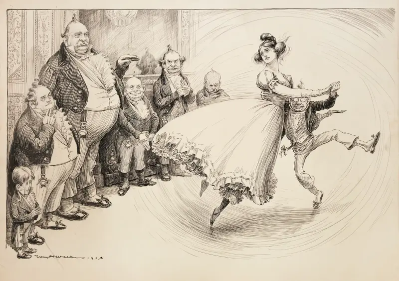 Eine hübsche junge Frau, die die Vereinigten Staaten (Columbia) repräsentiert, tanzt unglücklich mit einem kleinen Mann, möglicherweise Präsident Theodore Roosevelt von William Henry Walker