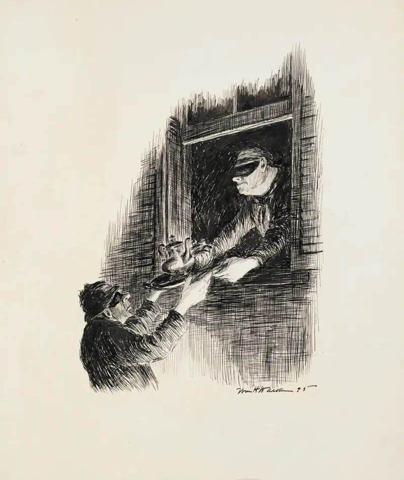 Ein Räuber reicht ein Teeservice durch das Fenster zu seinem Komplizen hinaus. von William Henry Walker