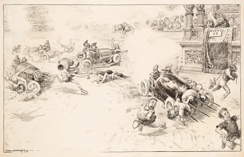 A Roman gladiator match where cars are used as weapons to chase men on foot. av William Henry Walker