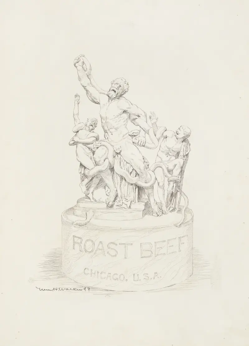 Eine Statue von drei Männern, die von Schlangen angegriffen werden. Auf dem Sockel der Statue steht „Roast Beef Chicago, U.S.A.“ von William Henry Walker